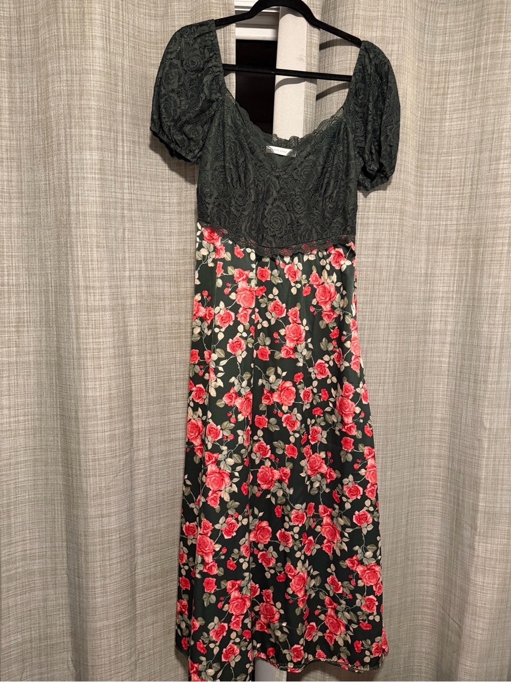 Altar'd State Dark Green Lace Top Midi Dress with Rose Print